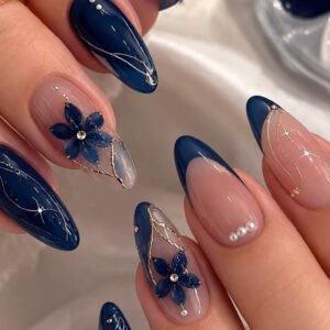 Navy Blue Floral Luxe Press-On Nail Set